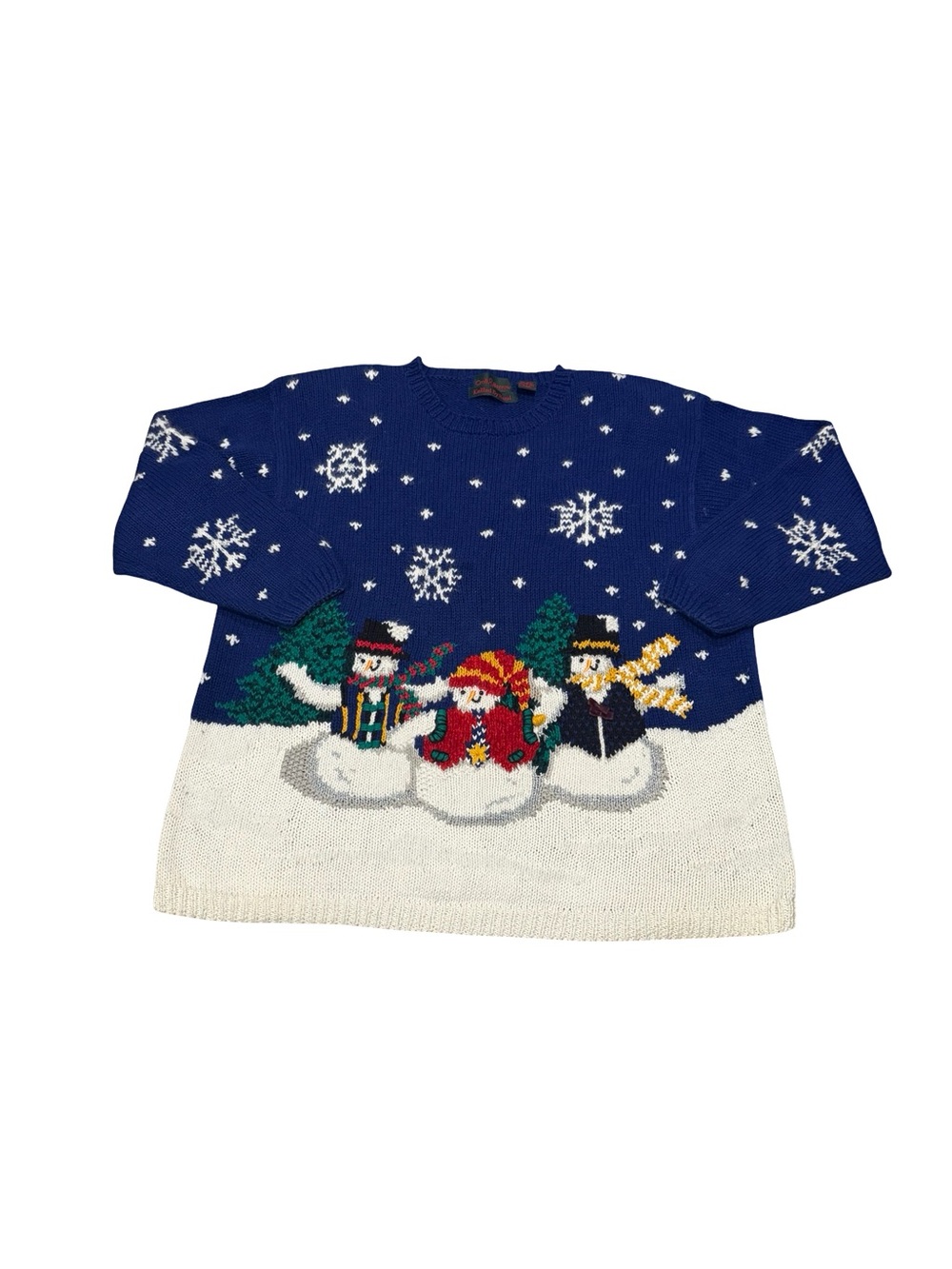 Vintage knitted by hand croft & barrow Blue and White Holiday Snowman Crewneck